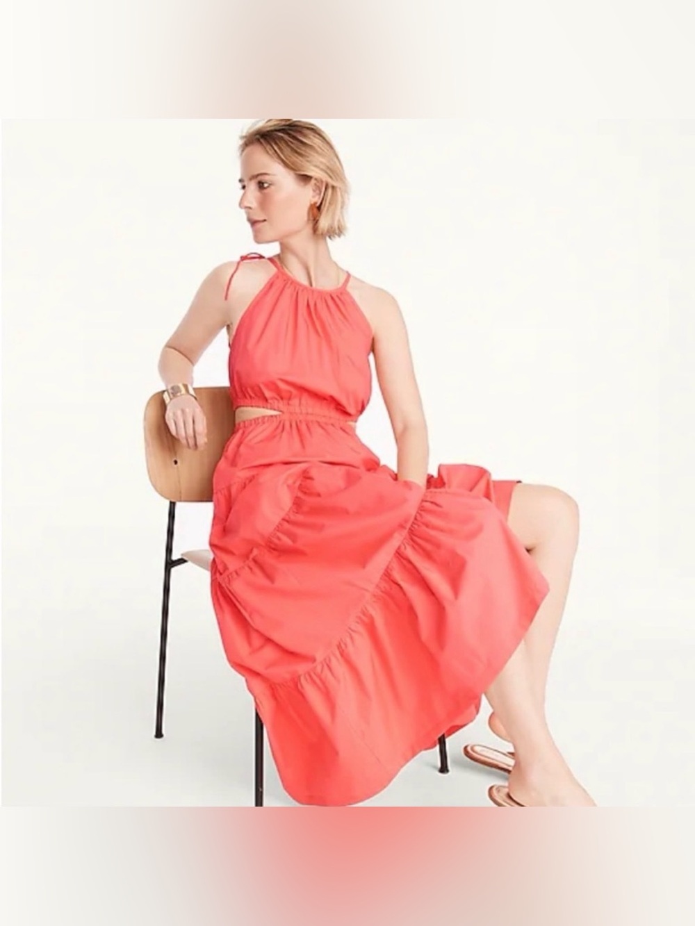J.Crew Harbour Side Cutout Maxi Dress XS Coral Pink Cotton Tiered Halter